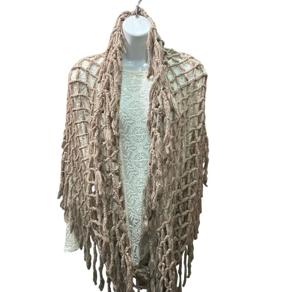 Boho Brown Open Knit Shawl Crochet Wrap Festival Layering Lagenlook